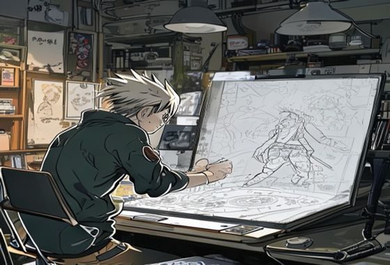 火影同人漫画创作者在平板电脑上绘制漫画，画面中有鸣人奔跑的草稿，工作台整洁，充满创作氛围