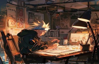 火影同人漫画创作过程展示，画师在数位板前绘制鸣人角色，温暖工作室灯光，充满创作热情