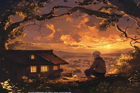 火影同人漫画精选大图，鸣人与佐助在夕阳下的木叶村屋顶对话，情感深沉，光线温暖金黄