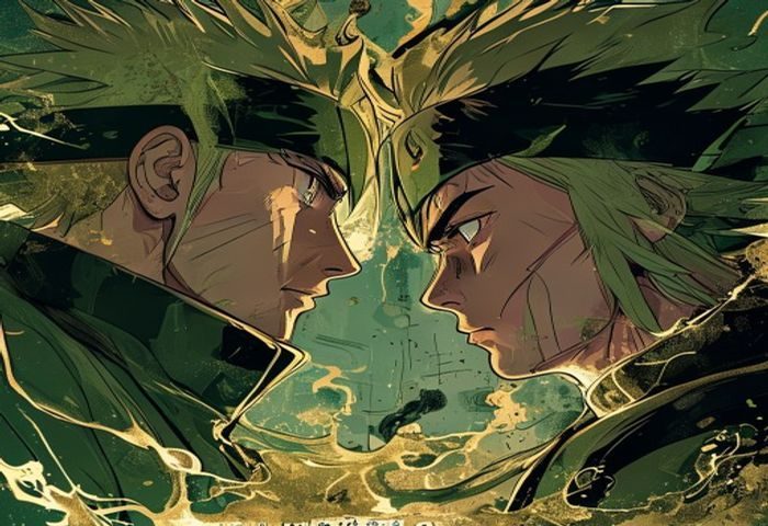 火影同人漫画精选封面展示，鸣人与佐助对视的经典场景二次创作插画，墨绿金棕配色，充满忍者世界热血氛围
