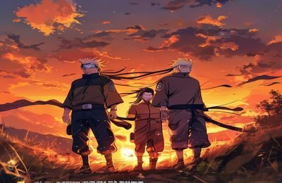 火影忍者经典角色鸣人与佐助的同人漫画场景，两人并肩而行，夕阳背景，情感深厚