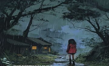 火影虐心剧情同人漫画封面，小樱独自在雨中守候，背景是破败的木叶村，情感压抑沉郁
